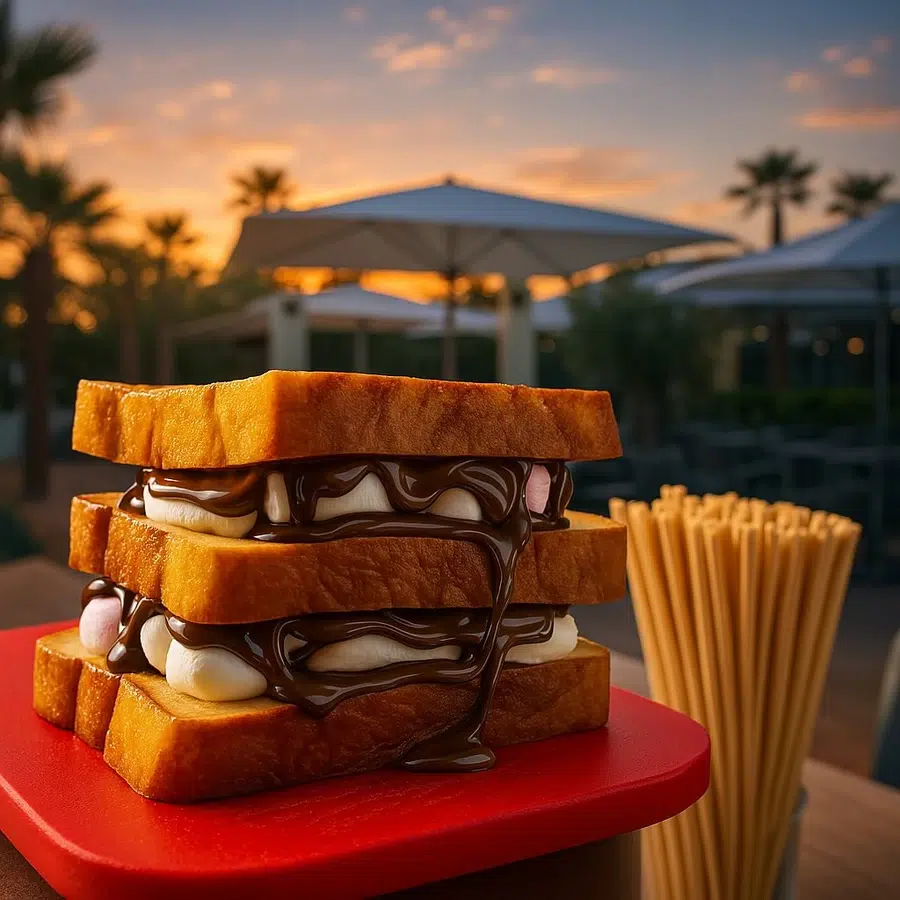 AdobeStock_265531551 Sandwich sucré avec chocolat et guimauves au coucher du soleil