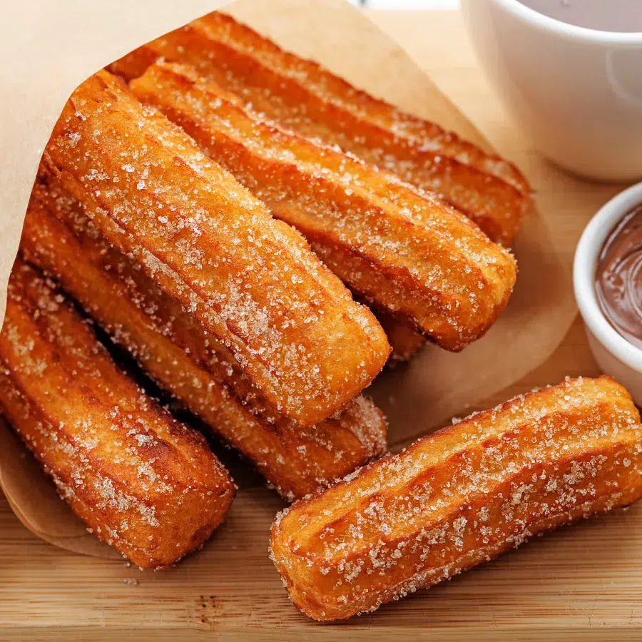 Churros croustillants avec sauce Churros saupoudrés de sucre avec sauce chocolat